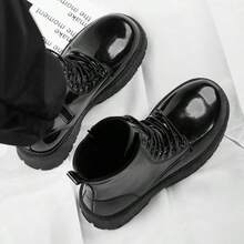 男士新款高帮柔软舒适衬里、圆头、橡胶轻质鞋底、休闲而精致的闪亮正装靴 - 黑色 - 查看 10