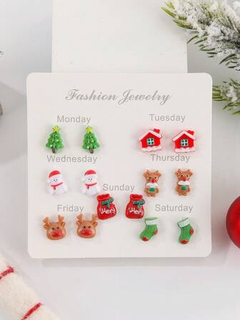 7对/套 时尚可爱卡通圣诞主题耳环套装，包含雪人/圣诞树/驯鹿/铃铛/雪花元素，适合派对、送礼、日常佩戴