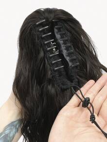 18英寸多层马尾辫接发，爪夹式马尾辫，蓬松浓密水波纹假发，柔软自然，适合女性（黑色/棕色）接发 - Black-brown - 查看 3