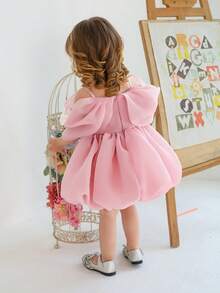 0-3岁女婴粉色蝴蝶结薄纱派对礼服，优雅公主裙，适合1岁生日派对、宴会、婚礼花童、休闲外出等场合。 - 粉色 - 查看 2