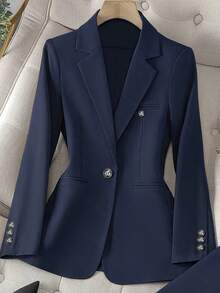 Solid Color Single Button Long Sleeve Single-Breasted Waistcoat Suit Pants Two-Piece Set - Màu xanh hải quân - Xem 3