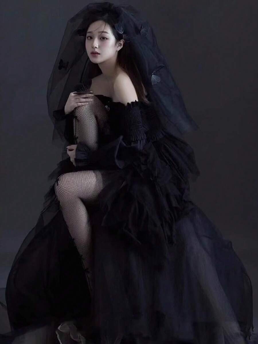 1 件哥特式黑色面纱头饰，新娘婚礼派对摄影道具配件