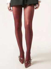 女士酒红色超薄时尚连裤袜，透明一体式塑形紧身裤，优雅日常弹力长袜，精致修身打底裤，圣诞礼物 - 酒紅色 - 查看 5