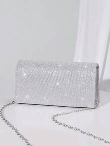 Sequin Envelope Handbag, Women's Evening Clutch, Women's Daily Clutch, Shiny Metal Chain Crossbody Bag For Wedding Party, Silver & Black - Silver - View 4