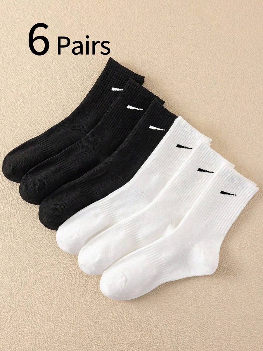 6 Pairs Black & White Mid-Calf Socks, Simple & Comfortable Breathable Sports Crew Socks, Unisex Design For Teens & Adults, Versatile Casual Socks, Suitable For All Seasons - Multicolor - View 1