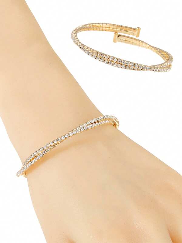 1pc Fashionable Minimalist 2-Row Criss-Cross Elastic Bracelet, Rhinestone Encrusted, Versatile Daily Wear