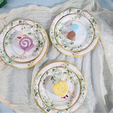 10/20/50pcs,Gold Rim Watercolor Eucalyptus Disposable Tableware, Green Leaf Gold Foil Print 7inch & 9inch Paper Plates,9oz Cups And Napkins,Elegant Green Eucalyptus Floral Plates For Wedding Bridal Shower Garden BabyShower Party Supplies - Multicolor - View 2