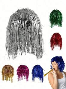 1pc Sparkling Party Wig Christmas Foil Tinsel Wig Fancy Dress Shiny Party Wig Adult Metal Cosplay Supplies Masquerade Engagement Ball Sparkling Party Wig Metal Costume Cosplay Props Birthday Party Family Party Disco Wig Christmas - Multicolor - View 1