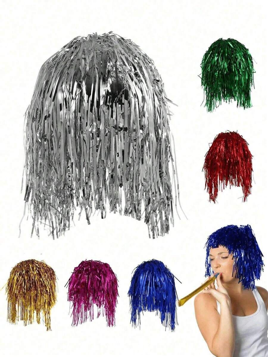 1pc Sparkling Party Wig Christmas Foil Tinsel Wig Fancy Dress Shiny Party Wig Adult Metal Cosplay Supplies Masquerade Engagement Ball Sparkling Party Wig Metal Costume Cosplay Props Birthday Party Family Party Disco Wig Christmas - Multicolor - View 1