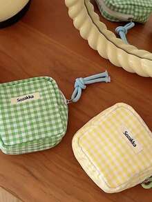 1 pieza Bolsa de cosméticos mini a cuadros de color caramelo para almacenamiento de toallas sanitarias, billetera, bolsa de aseo, bolsa de viaje de gran capacidad para maquillaje para mujeres