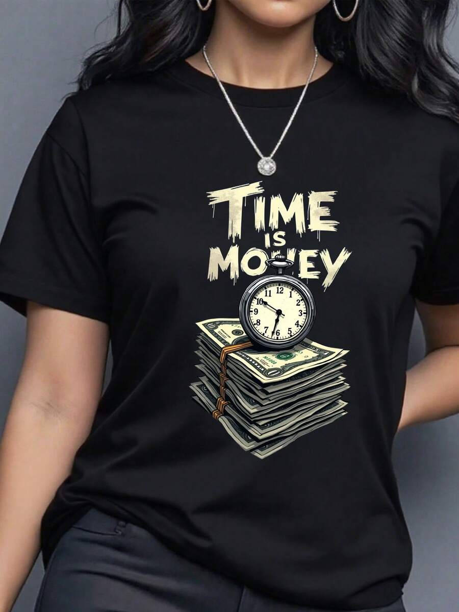 Camiseta de manga corta estampada casual para mujeres de moda, Estampado casual IDEAL PARA TI CON ESTAMPADO - Negro - Ver 1