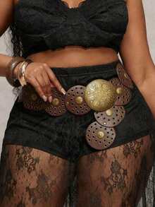 1-Piece Western Cowboy Bohemian Punk Belt Personalized Fashion Accessories Women's Brown Two Circle Eye Round Cake Belt Decoration Bohemian Belt Dress Accessories Suitable For Daily Commuting And Versatile Matching, Friend Gatherings, Vacation Dinners, Dances, Parties, Music Festivals Wearing Matching, Giving Gifts To Friends, Family Gifts, Mother Gifts, Girlfriend Gifts, Birthday Gifts, Valentine's Day Gifts, Mother's Day Gifts