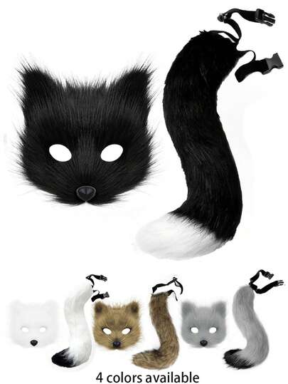 1 Set de 2 piezas Accesorios de Disfraz de Sirvienta Sexy - Máscara y Cola de Zorro con Orejas de Gato de Peluche, Disfraz para Juego de Roles, Regalo de Halloween, Artículos para Fiestas