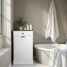 Tilt Out Trash Can Cabinet, Hidden Wooden Trash Can Cabinet With Drawer, Free Standing Garbage Cabinet For Kitchen, 10 Gallon Farmhouse Laundry Hamper Cabinet For Kitchen, Living Room (White)