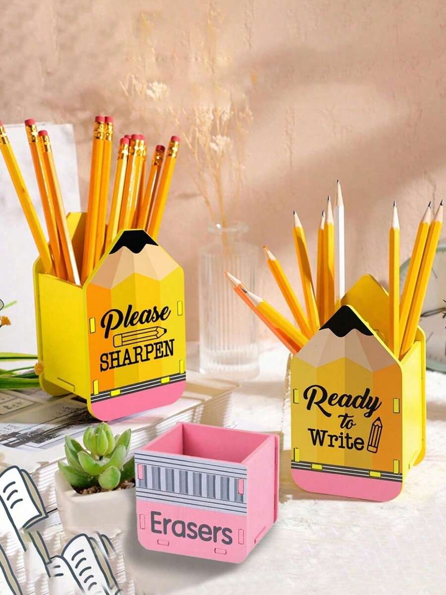 1pc Wooden Splicing Pen Holder. Yellow Pencil Shaped Pen Holder, Desktop Miscellaneous Storage Pen Holder, Pencil Holder, Eraser Storage Box, For Storing Pencils, Desktop Organizer Back To School,Pencil Case,Pencil Pouch,School Bag