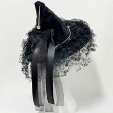 1 X Black Halloween Handmade Lace Witch Hat With Bandage Bow - Gothic Lolita Style Halloween Party Cosplay Accessories