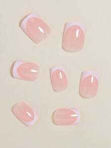 Upgrade Your Look With 24pcs Short Square White French Style French Tip Press On Nails Nail Supplies - Hồng - Xem 4
