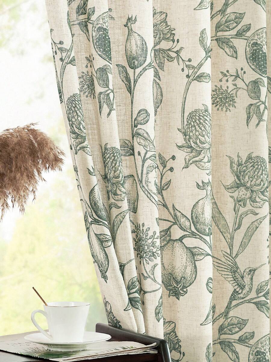 2 Pcs Green Polyester Linen Pomegranate Print Tape With Pole Through Curtains Lightweight Breathable Semi Transparent Curtain Home Vacation Rural Style Vegetable And Fruit Printed Curtains - 墨綠色 - 查看 1