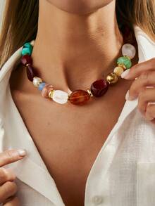 1件复古波西米亚风不对称树脂串珠项链，个性化时尚可调节吊坠项链，适合女性日常佩戴、度假装饰、日常穿搭搭配（珠子的纹理颜色不固定，以实物为准） - 彩色 - 查看 3
