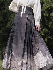 2026新年汉服 | 现代化中国书法印花压褶马脸裙 - 可调节搭扣高腰裙摆