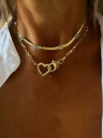 1 pezzo STYLEVER Collana con ciondolo a forma di cuore dorato, catena con fibbia a forma di cuore dorata e argentata, catena abbinata con gemme, catena in acciaio inossidabile, adatta per uso quotidiano e come regalo, collana minimalista e unica