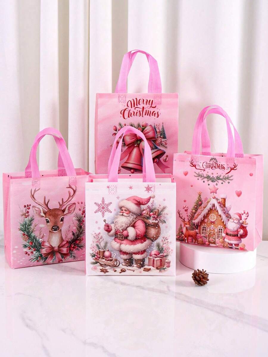 Pink Christmas Tote Bags With Handles, Santa Claus Elk Bell Pattern Reusable Gift Bags, Grocery Shopping Bag, Non-Woven Bags, Party Favors Bags, Festive Christmas Decorations For Home 2025 Xmas Gifts Christmas New Year 2026 Packaging Bags