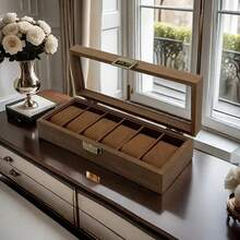 Caja de reloj de cuadrícula 6/12, caja de reloj con veta de madera, caja de reloj de múltiples cuadrículas, caja de almacenamiento de reloj de cuero con ventana de vidrio con veta de madera, caja de colección de pulseras de reloj, adecuada para exhibición de temporada de regreso a clases del Día de San Valentín - Caja para 6 relojes - Ver 6