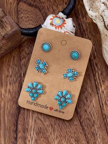 MONLOTTI 6/18/36pcs Western Turquoise Jewelry,Bohemian Turquoise Stud Earring Set,Fashion Vintage Jewelry Set For Woman,Pumpkin Flower, Oval, Circular, C-Shaped, Horse Shoe And Other Various Earring Stud Matching Turquoise Jewelry Set.,Suitable For Daily Gatherings And Matching For All Occasions, Gift For Woman, Western Jewelry,Earrings Women Earring Sets,My Orders Recently Purchased - Multicolor - View 6
