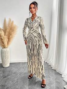 Women's Casual & Commute Artistic Stripe Print Criss Cross Wrap Shirt & Wide-Leg Pant Two Pieces Suit For Office Look