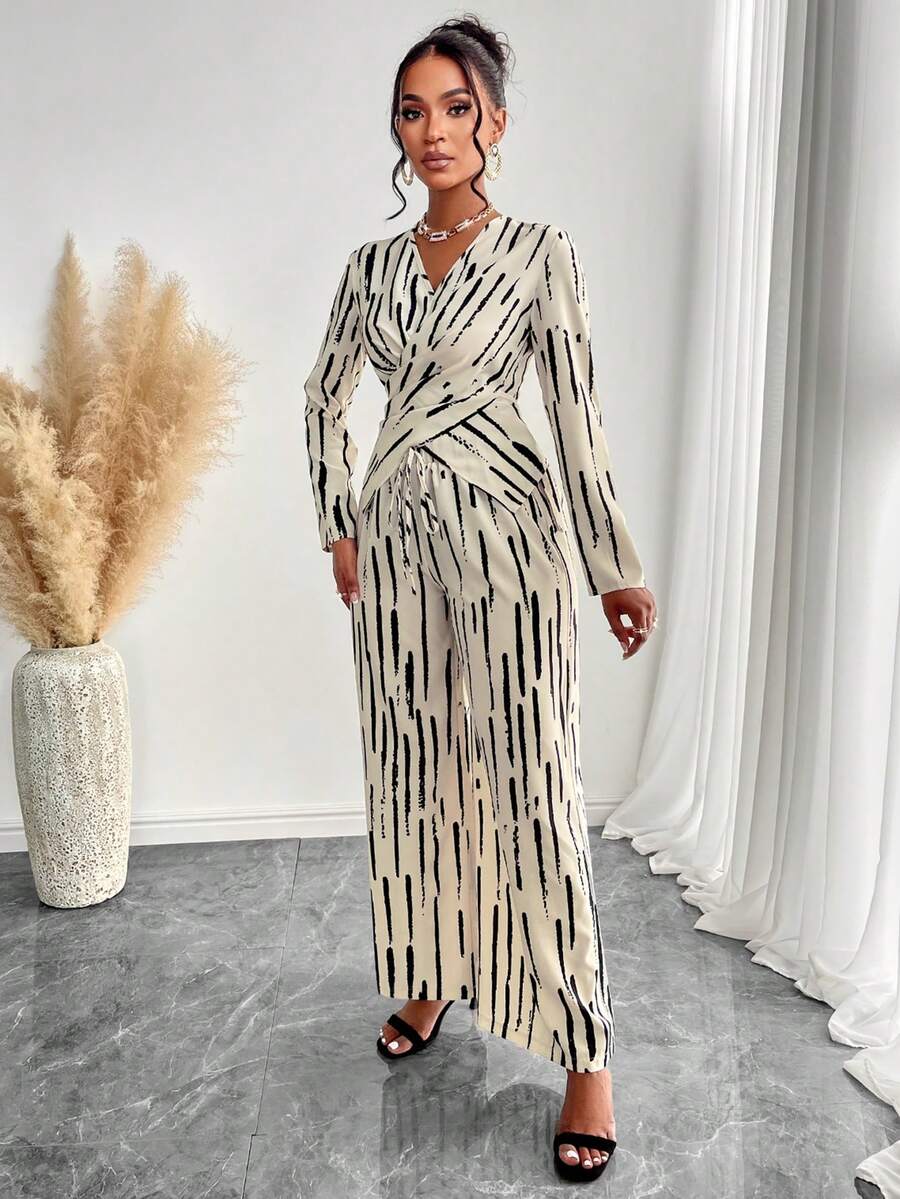 Women's Casual & Commute Artistic Stripe Print Criss Cross Wrap Shirt & Wide-Leg Pant Two Pieces Suit For Office Look