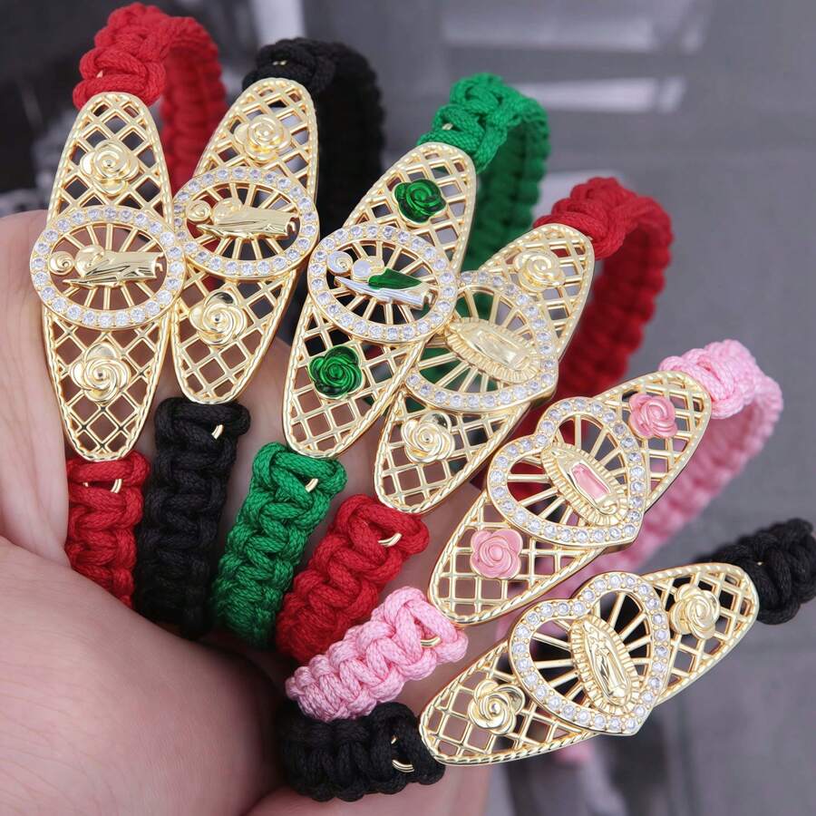 Assorted Heart-Shaped Virgin Mary/St. Jude Woven Bracelet, Stylish Casual Jewelry For Men, Copper Inlaid CZ, Suitable For Religious Believers To Wear Daily