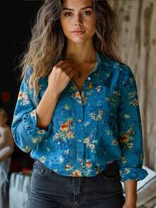 Plus Size Women's Retro Printed Fashion Shirt, Front Double Pocket Design - Blue - View 5
