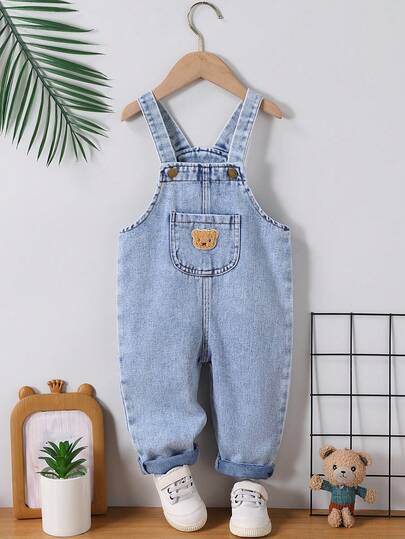 Baby Boy Casual Solid Color Denim Bib Overalls With Pockets Baby Boys' Comfortable Denim Cargo Pants With Bear Patch, Ideal For Outdoor Activities
