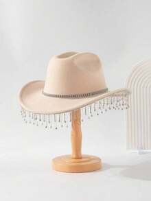 1 Stück Damen Mode Filzhut, dekoriert mit Kristall Strass Kette Gürtel, geeignet für Bankette, Jazz-Partys, Hochzeiten, Western-Themen-Partys, Unisex