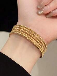 1 pieza Brazalete hecho a mano de 3 capas/5 capas con baño de cobre color dorado, brazalete metálico multicapa ligero y lujoso, accesorio de moda versátil para mujeres