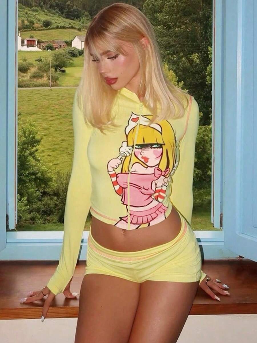 Two Piece Sets Women Winter Clothes For Women Two Piece SetsNew Stylish Cartoon Printed Casual Sports Style Hoodie Long Sleeve Shorts Set - Màu vàng - Xem 1