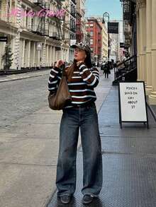 Jersey de punto con cuello redondo y rayas de contraste, estilo casual de influencer joven, estilo Holochristmas, otoño/invierno 2025