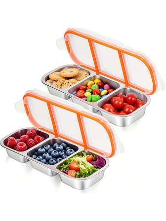 Stainless Steel Snack Containers With Lids, Reusable 3/2 Compartment Food Storage Boxes For Picnic, Lunch Box, School & Travel - Ideal For Adults And On-The-Go Meals