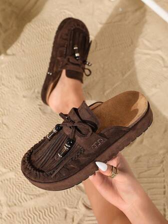 New Tassel Bow Bohemian Women Mule Shoes, Thick Sole Closed Toe Pendant Retro -On Backless Women Sandals, Suitable For Daily Outing, Dating, Travel, Walking, Matching With Shorts, Skirts, Casual Wear