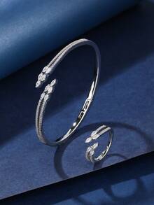 Set de joyería de 2 piezas con brazalete y anillo ajustables de cobre, con circonita cúbica, de moda y encantador, adecuado para que las mujeres lo usen a diario o en días festivos