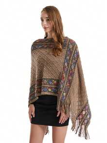 1 Áo choàng Poncho thanh lịch dành cho nữ, Khăn choàng tua rua rỗng đan màu trơn, Áo khoác ngoài ấm áp chất lượng cao, Áo len choàng đa năng mới, Thích hợp mặc hàng ngày cho váy - Màu Khaki - Xem 6