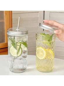 1 Piece (Set) Large-Capacity Heat-Resistant Transparent Glass Mason Jar (With Lid And Straw), Suitable For Boba Milk Tea, Coffee, Juice And Cold Drink - Trong sáng - Xem 8