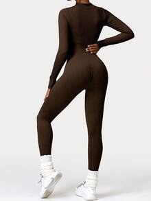 DINBEY Jumpsuit Yoga Lengan Panjang Warna Polos untuk Wanita - Jumpsuit Pembentuk Tubuh untuk Aktivitas Luar Ruangan dengan Resleting dan Fungsi Pengontrol Perut, Mengangkat Bokong dan Melangsingkan Tubuh di Musim Semi - Coffee Brown - View 3