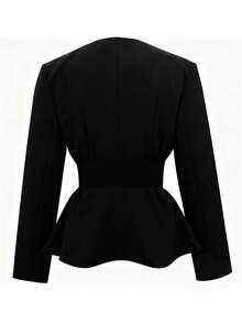Women's Fashionable Short Black Blazer Jacket, Long Sleeve, Ruffle Hem And Wrap Design, Made Of Slightly Stretchy Polyester Fabric