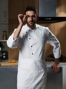 Long-Sleeved Chef's Uniform With Snap Buttons, Suitable For Autumn And Winter, Round Neck, Comfortable Fabric Chef's Coat. - 白色 - 查看 3