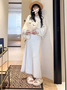 2025 女士新款厚底毛绒拖鞋，适合户外穿着，秋冬，适合娇小女性的厚底拖鞋，宽松一脚蹬拖鞋，增高 4 厘米，室内/办公室穿着 - 米色 - 查看 8