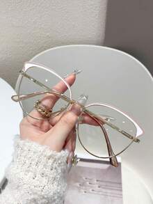 1 pieza Gafas de moda con lente transparente y diseño único de mujer con ojos de gato de metal con rhinestones - transparente - Ver 24