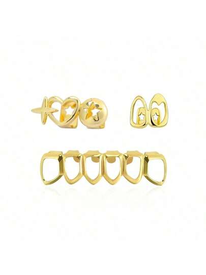 1 Set modischer Damen Cut Out Herz Kombination Cut Cut Herz Stern Cutout Hip Hop Zahn Schmuck, Party & Nachtclub Dekoration, beinhaltet Zahnwachs für verstellbaren Tragekomfort, unisex Urlaubsgeschenk