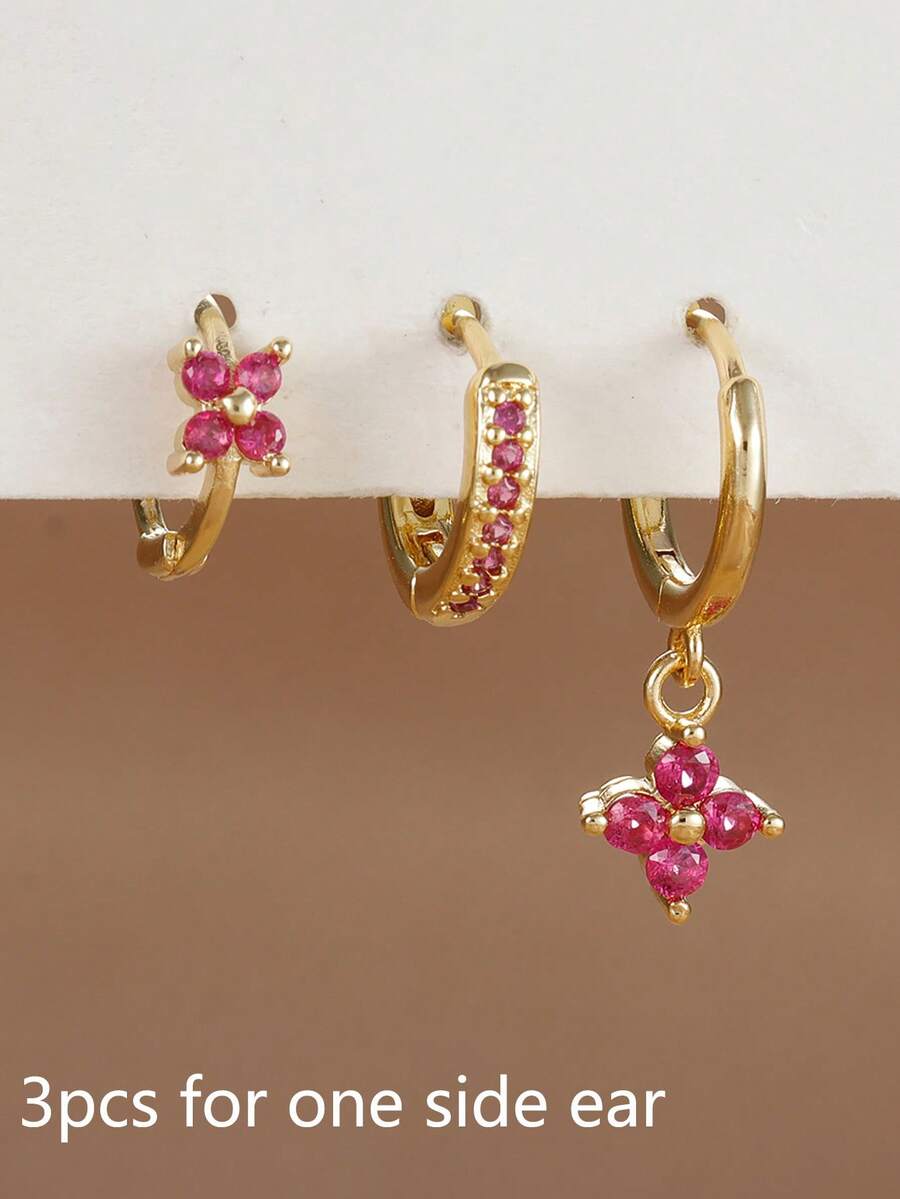 Bộ 3 khuyên tai hoa Zirconia bốn cánh dành cho nữ, khuyên tai tròn xoắn ốc mạ vàng 18K không gây dị ứng, khuyên tai xỏ khuyên sụn dùng hàng ngày - Vàng-18 - Xem 1