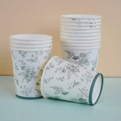 10/50/100 Pieces, 9 Oz Paper Cups, Green Floral Design, Green Flower Theme, Disposable Bathroom Cups, Mouthwash Cups, Paper Cups, Disposable Drinking Cups, Party, Household And Office Paper Cups, For Guests, Friends, Disposable Coffee Cups, Water Cups, Juice Cups, Candy And Snack Cups, Bridal Gift Party, Gifts, Suitable For Various Festivals, Party Decoration